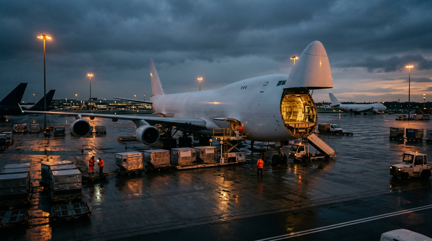 A freighter aircraft with its nose open on a wet cargo apron at dusk, loaders working beside it