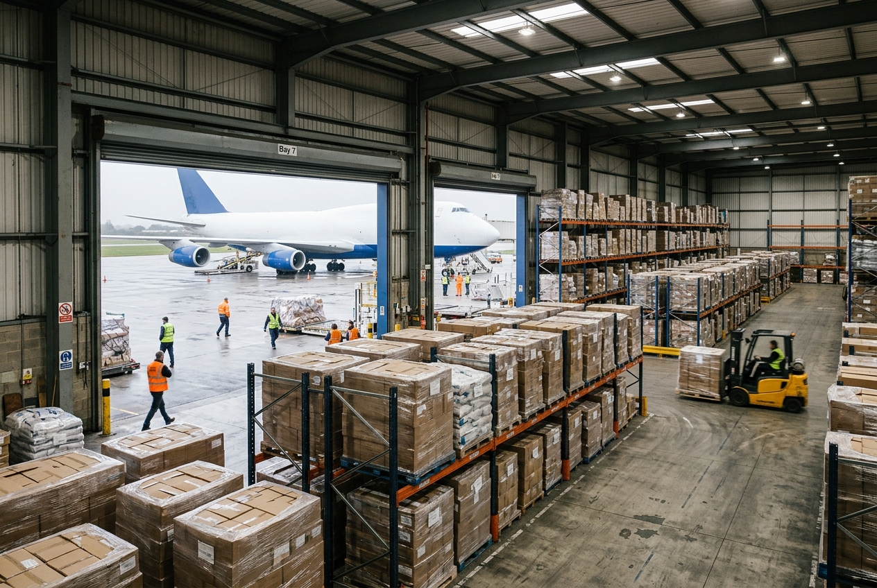 Pallets on racking inside an air cargo warehouse, with a freighter visible through the open bay doors