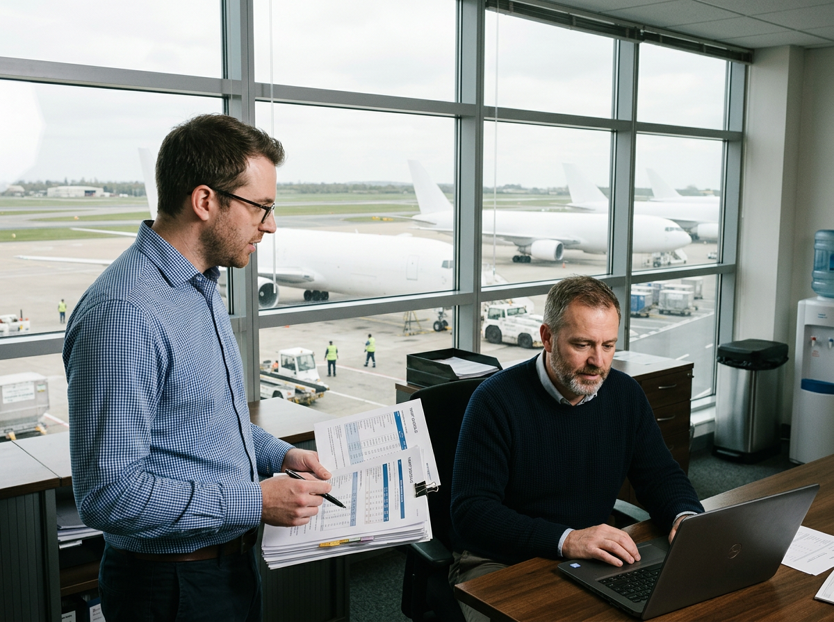 Two colleagues in an airport office reviewing printed tariff pages beside a laptop, with parked aircraft behind the window